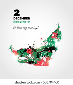 2 December. UAE Independence Day greeting card.   Holiday background with Colorful United Arab Emirates map with flag and paint/ink splashes. Watercolor drawing. Vector illustration