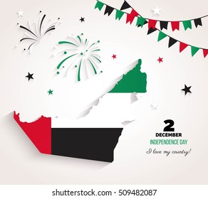 2 December. UAE Independence Day greeting card.   Holiday background with uae map, fireworks and garlands. Vector flat illustration