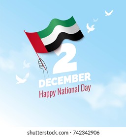 2 December. UAE Independence Day greeting card. Celebration background with  waving flag and blue sky. Vector illustration