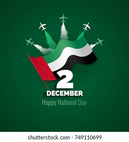 2 December. UAE Independence Day background in national flag color theme. Celebration banner  with 3d letters 2 December and flying airplanes. Vector illustration