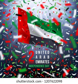 2 december UAE National Day greeting card. Waving flag and white, red, green, black flying confetti, stars on a blurred rays dark blue background. Patriotic Symbolic background. Vector illustration