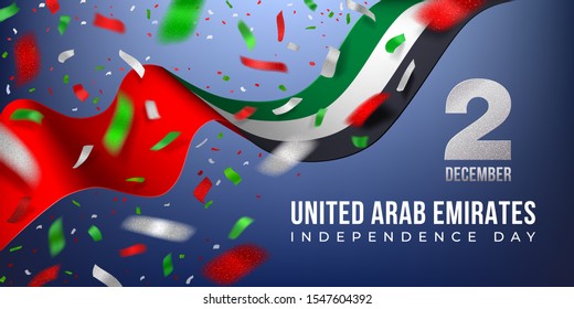 2 december UAE National Day greeting card. Waving flag with white, red, green, flying confetti on a blurred rays dark blue background. Patriotic Symbolic background. Vector illustration