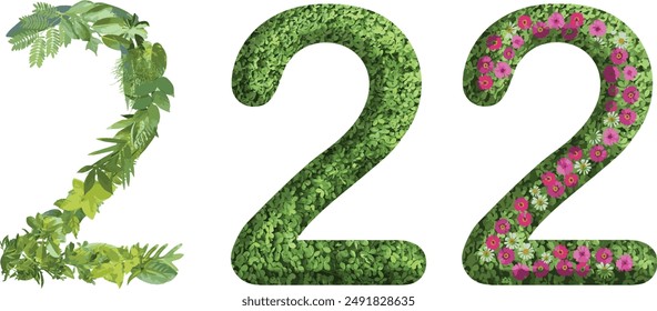 2, design made from green grass, leaves and flower, .suitable for birthday, anniversary and memorial day templates, go green concept	
