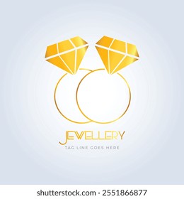 2 Diamond ring, jewellery logo, jewellery shop logo, golden color, sparkle diamond, unique logo, creative logo, silver background