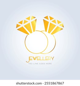 2 Diamond ring, jewellery logo, jewellery shop logo, golden color, unique shape, sparkle diamond, unique logo, creative logo, silver background