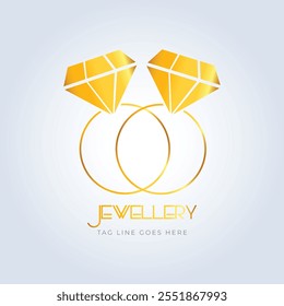 2 Diamond ring, jewellery logo, jewellery shop logo, golden color, unique shape, sparkle diamond, unique logo, creative logo, silver background