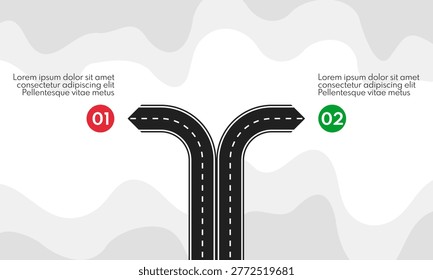 2 different direction road lines, two options infographic template, forked road business strategy concept