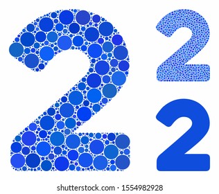 2 digit composition of circle elements in various sizes and color tinges, based on 2 digit icon. Vector circle elements are united into blue mosaic. Dotted 2 digit icon in usual and blue versions.