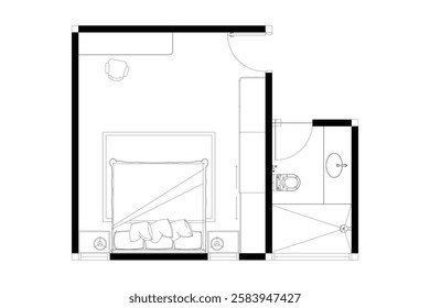 2 dimension of bedroom with bathroom plan of modern layout design, lines black on white background, isolated. Set 30