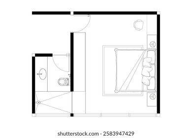 2 dimension of bedroom with bathroom plan of modern layout design, lines black on white background, isolated. Set 29