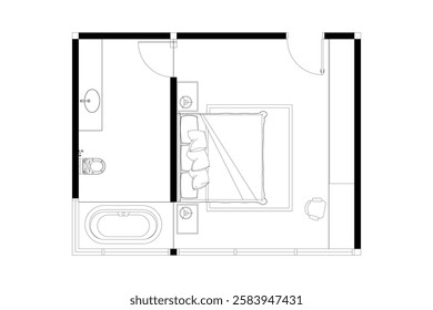 2 dimension of bedroom with bathroom plan of modern layout design, lines black on white background, isolated. Set 28