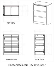 2 Dibujo de la dimensión de 3 muebles del cajón. para ser producido