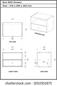 2 Dimension drawing of Box With Drawer furniture. to be produced