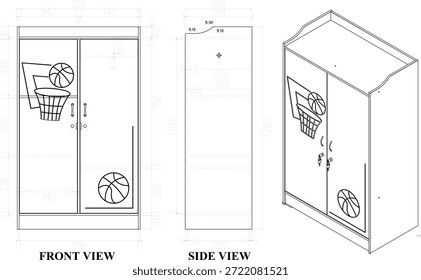 2 Dibujo de la dimensión del guardarropa de los niños 2 muebles de la puerta. para ser producido