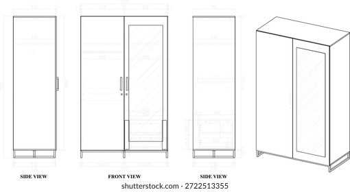 2 Dibujo de la dimensión de los muebles del guardarropa de los niños. para ser producido
