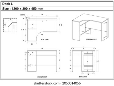 2 Dibujo de dimensiones del mobiliario de escritorio L. a producir

