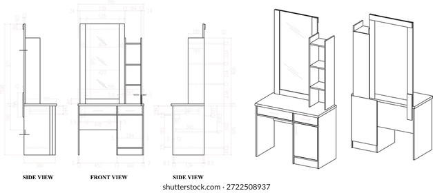 2 Dibujo de dimensión de muebles de tocador. a producir