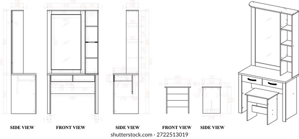 2 Desenho de dimensões do mobiliário de mesa para vestir. a produzir