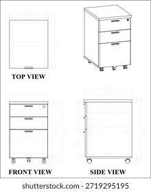 2 Dibujo de la dimensión de los muebles móviles del pedestal. para ser producido