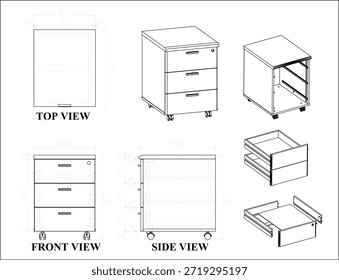 2 Dibujo de la dimensión de los muebles móviles del pedestal. para ser producido