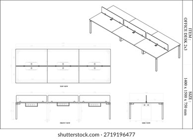 2 Dibujo de la dimensión de los muebles del escritorio de oficina. para ser producido