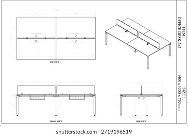 2 Dibujo de la dimensión de los muebles del escritorio de oficina. para ser producido