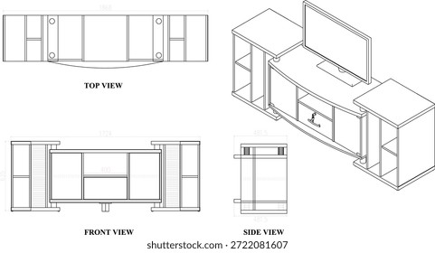2 Dibujo de la dimensión de los muebles de la TV del estante. para ser producido