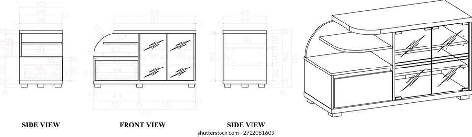 2 Dibujo de la dimensión de los muebles de la TV del estante. para ser producido