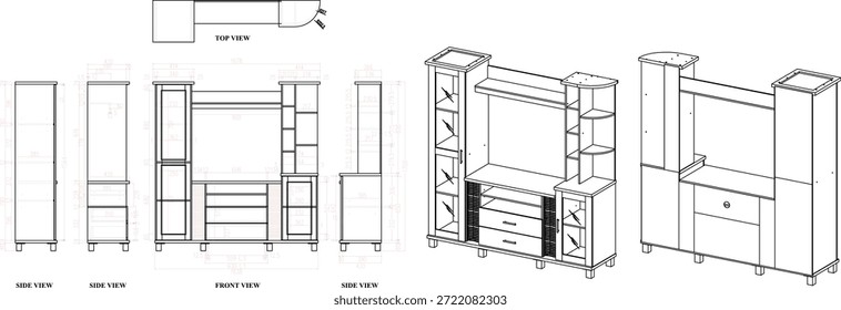 2 Dibujo de la dimensión de los muebles de la TV del estante. para ser producido