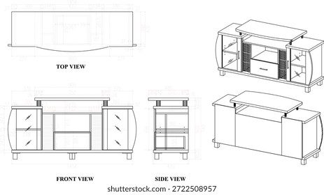 2 Dibujo de la dimensión de los muebles de la TV del estante. para ser producido