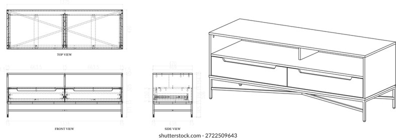 2 Dibujo de la dimensión de los muebles de la TV del estante. para ser producido