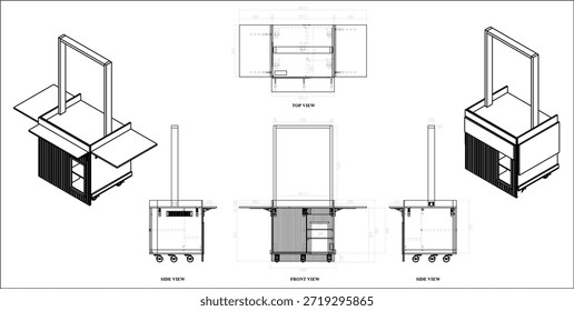 2 Dibujo de la dimensión de los muebles de la cabina del soporte. para ser producido