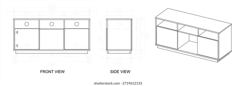 2 Dibujo de la dimensión de los muebles del Tablero de la TV. para ser producido