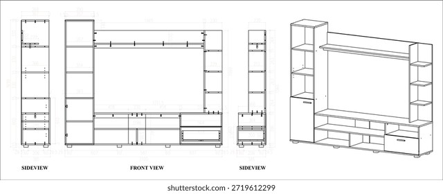 2 Dibujo de la dimensión de los muebles del entretenimiento de la TV. que se producirá