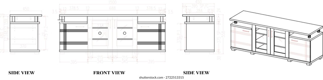 2 Dibujo de la dimensión de los muebles del estante de la TV. para ser producido