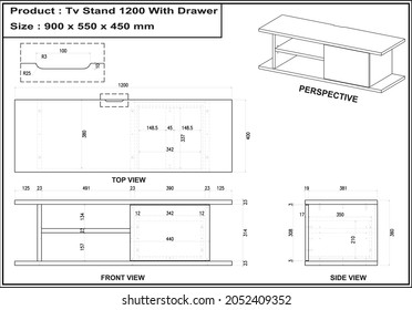 2 Dimension drawing of Tv Stand 1200 With Drawer furniture. to be produced