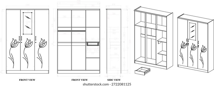 2 Dibujo de la dimensión de los muebles del guardarropa 3 puertas. para ser producido