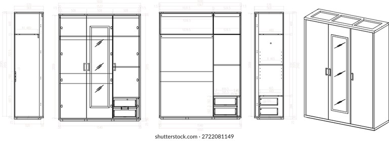 2 Dibujo de la dimensión de los muebles del guardarropa 3 puertas. para ser producido