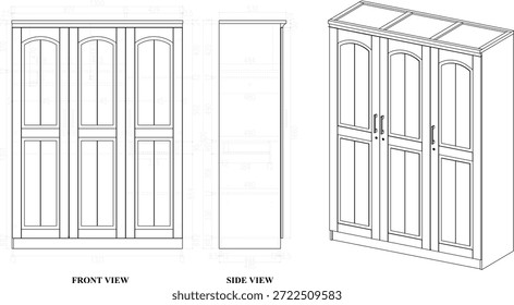 2 Dibujo de la dimensión del guardarropa 3 muebles clásicos de la puerta. para ser producido
