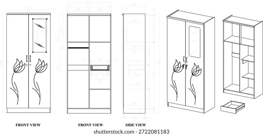 2 Dibujo de la dimensión del guardarropa 2 muebles de la puerta. para ser producido