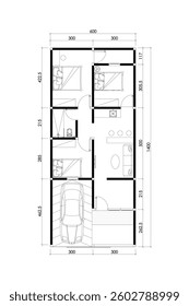 2 dimension floor plan design and furniture layout of house 60 meters squares, lines black isolated on white background. 2