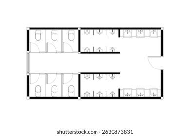 Projeto plano de piso de 2 dimensões de banheiros públicos, linhas de vetor preto isolado no fundo branco. Conjunto 2