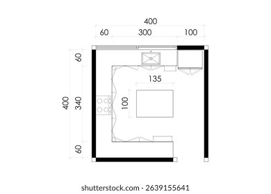 2 dimension floor plan design of kitchen with dimension, line black isolated on white background. Set 12
