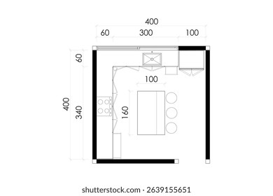 2 dimension floor plan design of kitchen with dimension, line black isolated on white background. Set 10