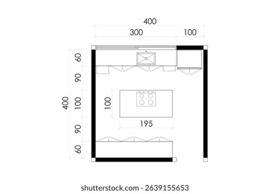 2 dimension floor plan design of kitchen with dimension, line black isolated on white background. Set 11