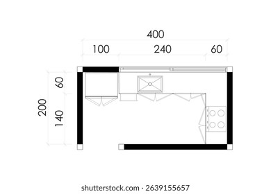 2 dimension floor plan design of kitchen with dimension, line black isolated on white background. Set 6