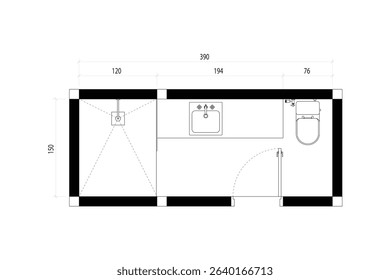 2 dimension floor plan design of small bathroom with dimension, vector lines black isolated on white background. Set 22