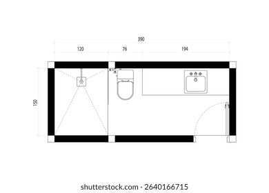 2 dimension floor plan design of small bathroom, vector lines black isolated on white background. Set 23