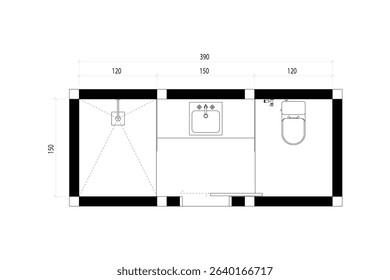 2 dimension floor plan design of small bathroom, vector lines black isolated on white background. Set 24