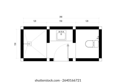 2 dimension floor plan design of small bathroom, vector lines black isolated on white background. Set 25